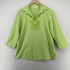 TALBOTS Blouse S Beaded Tunic Linen Cotton Embellished V-Neck 3/4 Sleeve Green